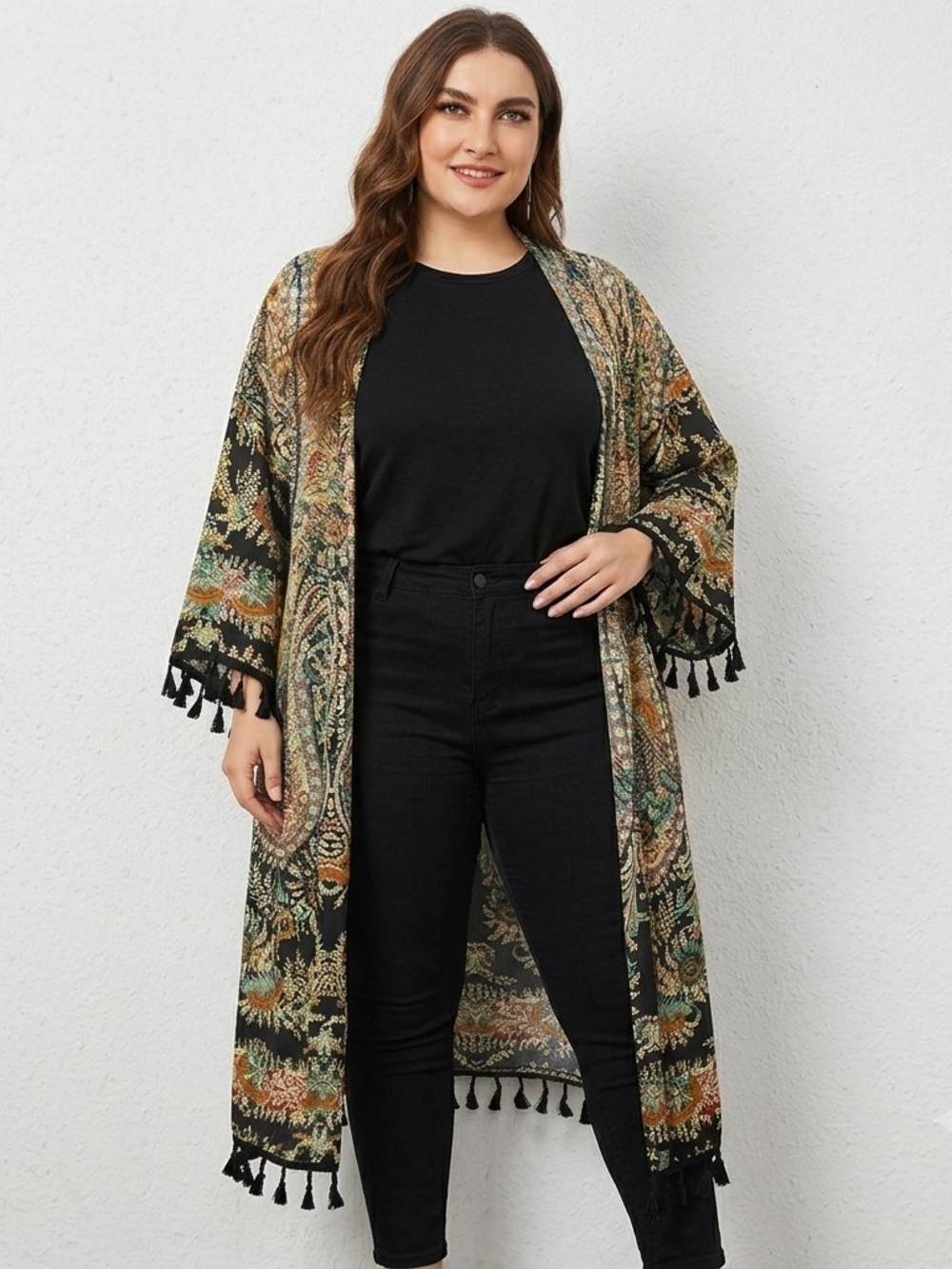 Shein Curve Paisley Print Kimono with Tassels – Size 2XL